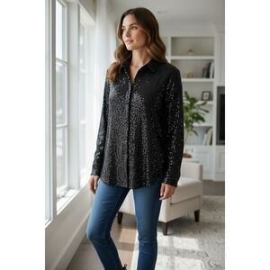 Womens Halogen All‎ Over Sequins Holiday Black M Blouse Longsleeve EUC